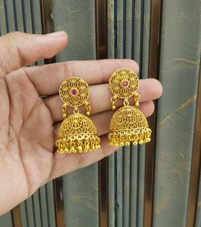 Gold Polki Ruby Jhumki Indian Dilnoor Bollywood Earrings