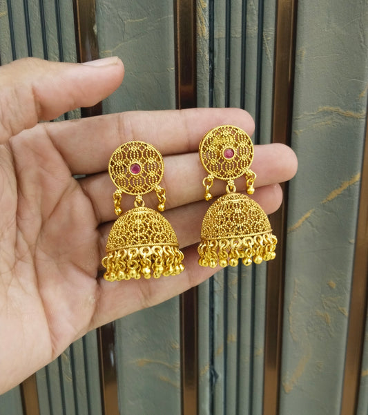 Gold Polki Ruby Jhumki Indian Dilnoor Bollywood Earrings
