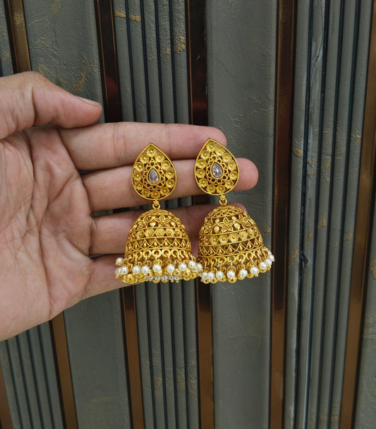 Gold White Jhumki Indian Dilnoor Bollywood Earrings