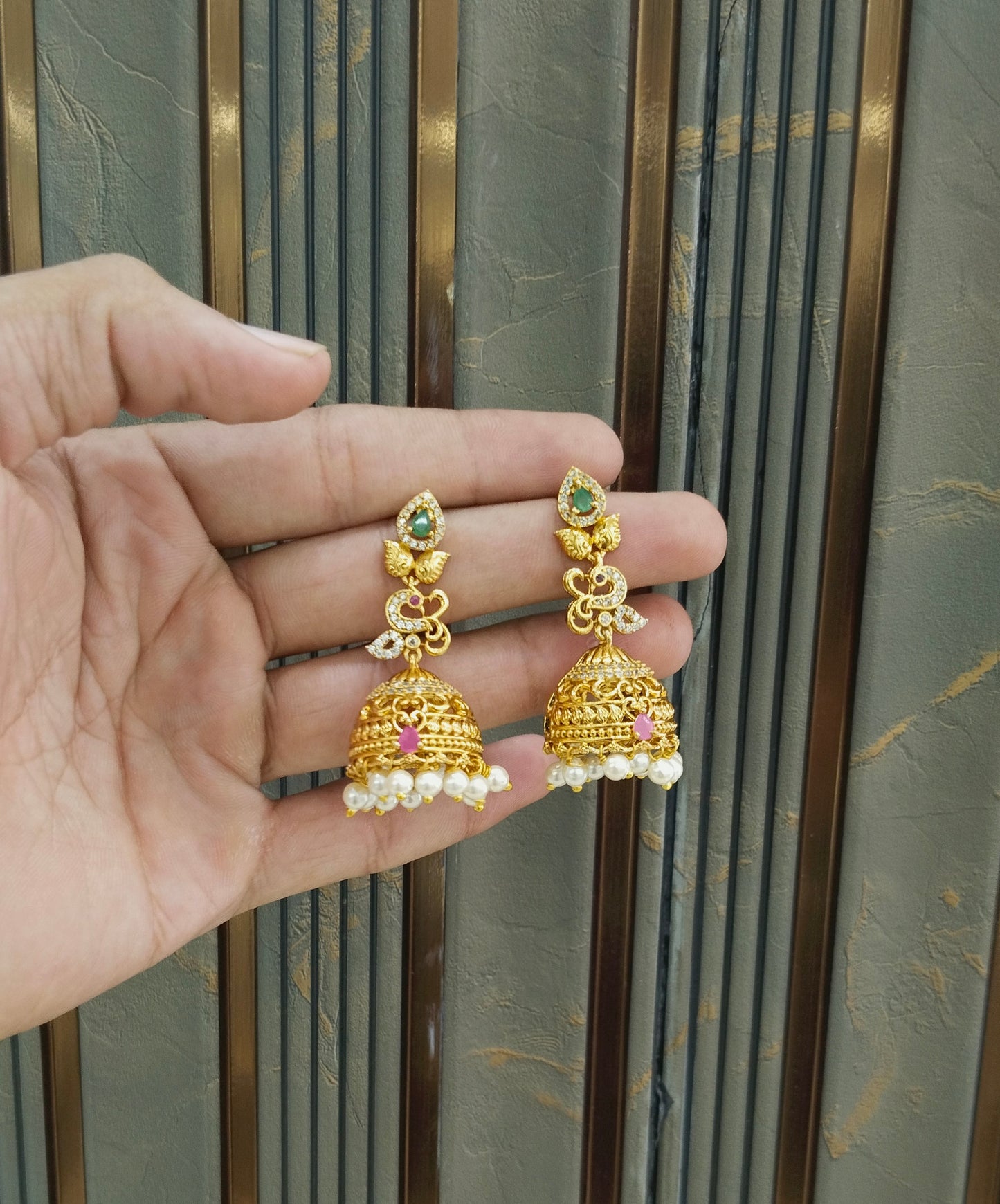 Gold Ruby Green Jhumki Indian Navneet Bollywood Earrings