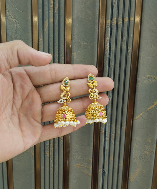 Gold Ruby Green Jhumki Indian Navneet Bollywood Earrings