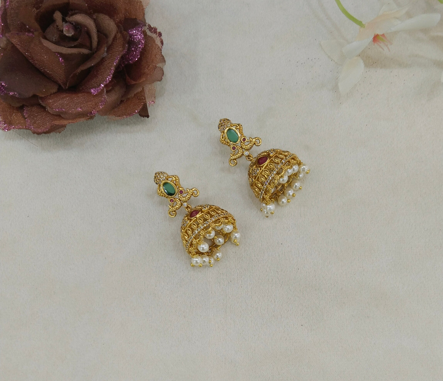 Gold Ruby Green Jhumki Indian Navneet Bollywood Earrings