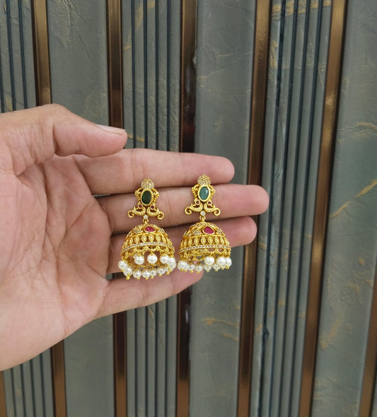 Gold Ruby Green Jhumki Indian Navneet Bollywood Earrings