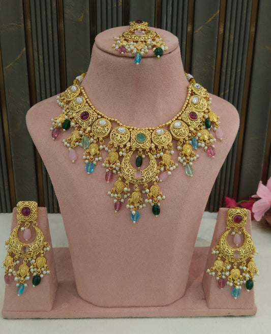 Gold Polki Multi Color Necklace Jewellery Jain Set
