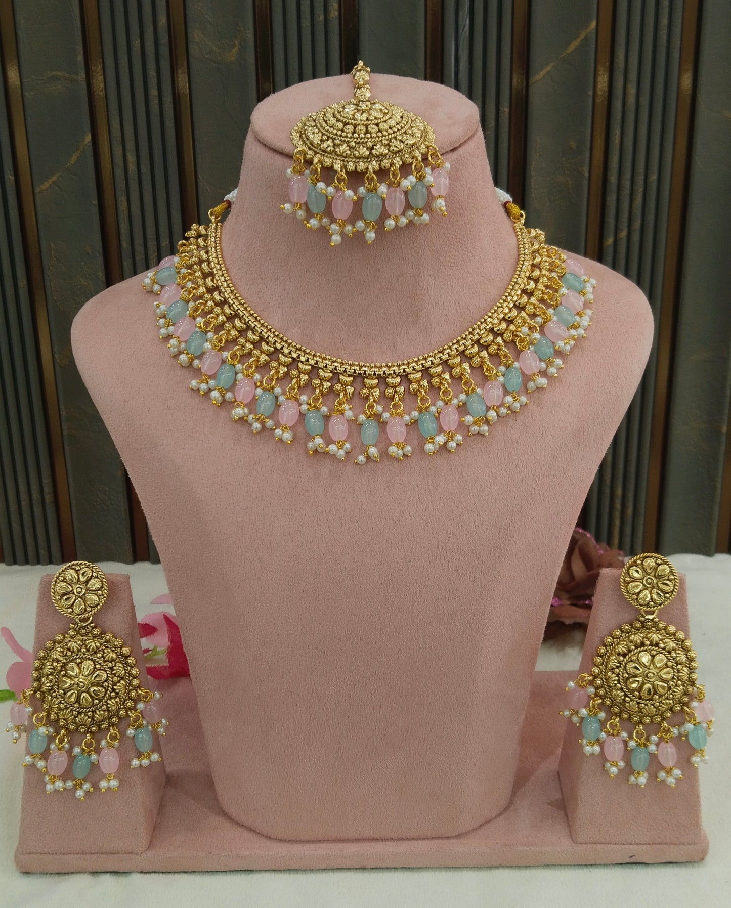 Mint Pink Polki Punjabi Indian Nacklace Birpal set