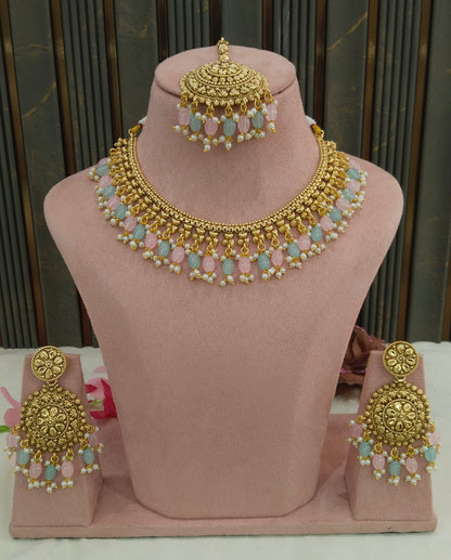 Mint Pink Polki Punjabi Indian Nacklace Birpal set