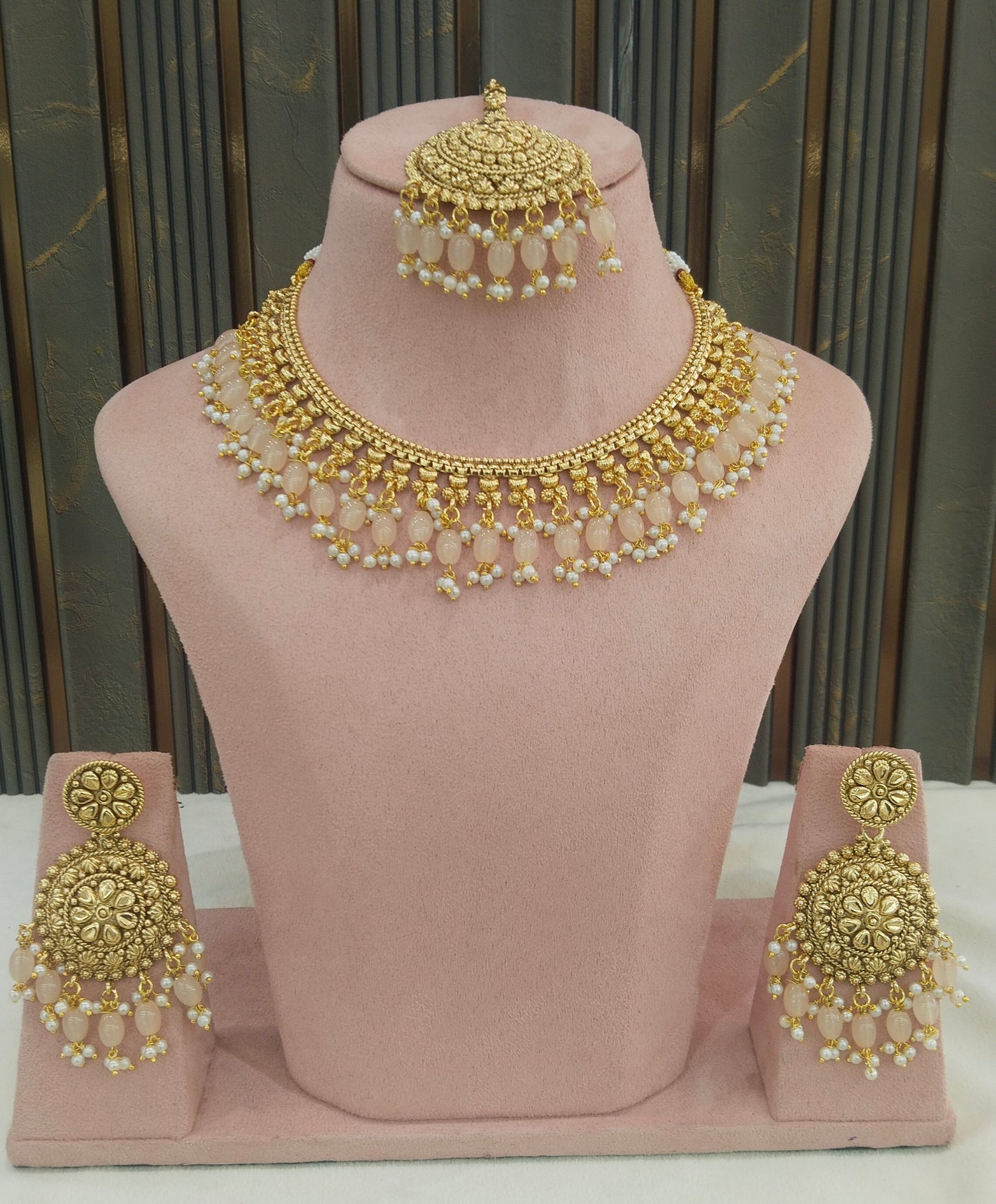 Peach Polki Punjabi Indian Nacklace Birpal set