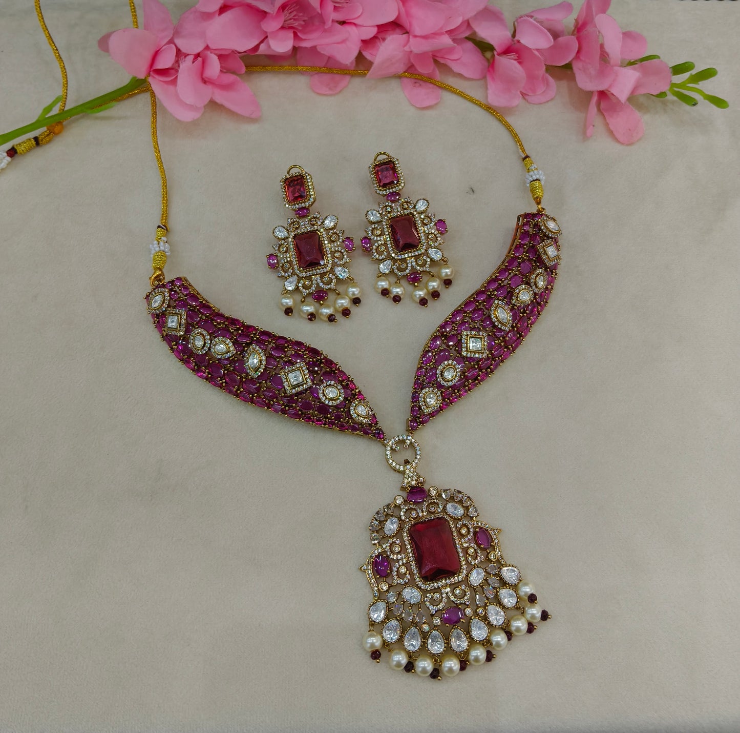 Antique Gold Ruby Moissanite Kundan CZ Necklace Indian Jewellery Pvita  Set