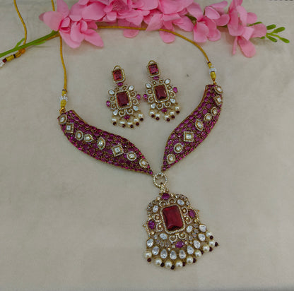 Antique Gold Ruby Moissanite Kundan CZ Necklace Indian Jewellery Pvita  Set