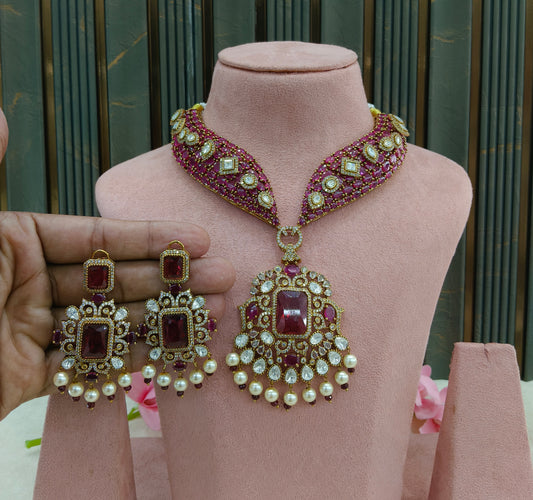 Antique Gold Ruby Moissanite Kundan CZ Necklace Indian Jewellery Pvita  Set