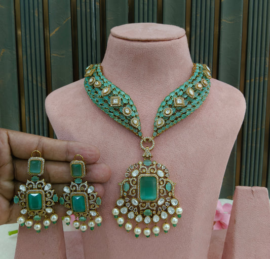Antique Gold Mint Moissanite Kundan CZ Necklace Indian Jewellery Pvita  Set