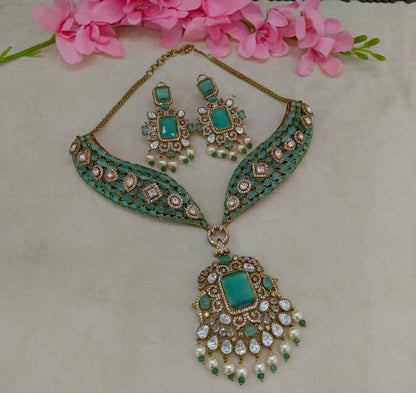 Antique Gold Mint Moissanite Kundan CZ Necklace Indian Jewellery Pvita  Set
