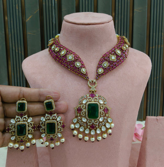 Antique Gold Ruby Green Moissanite Kundan CZ Necklace Indian Jewellery Pvita  Set