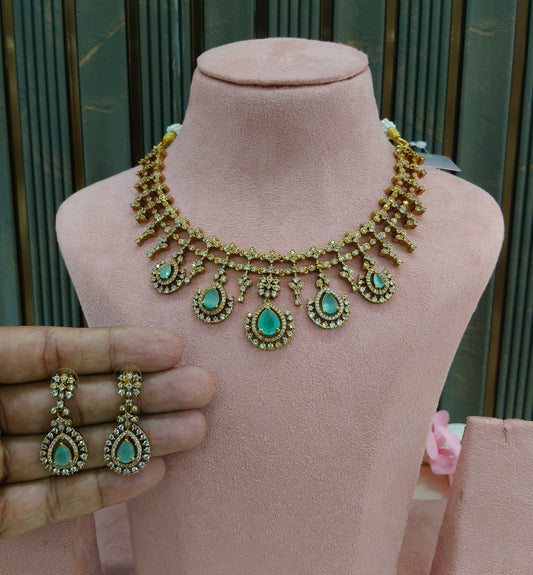 Antique Gold Mint CZ Necklace Indian Jewellery Pvita  Set