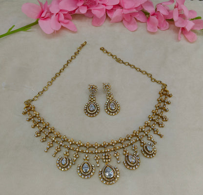 Antique Gold White CZ Necklace Indian Jewellery Pvita  Set
