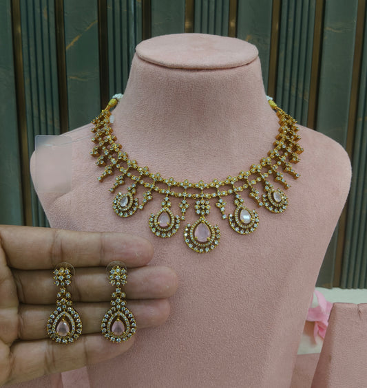 Antique Gold Pink CZ Necklace Indian Jewellery Pvita  Set