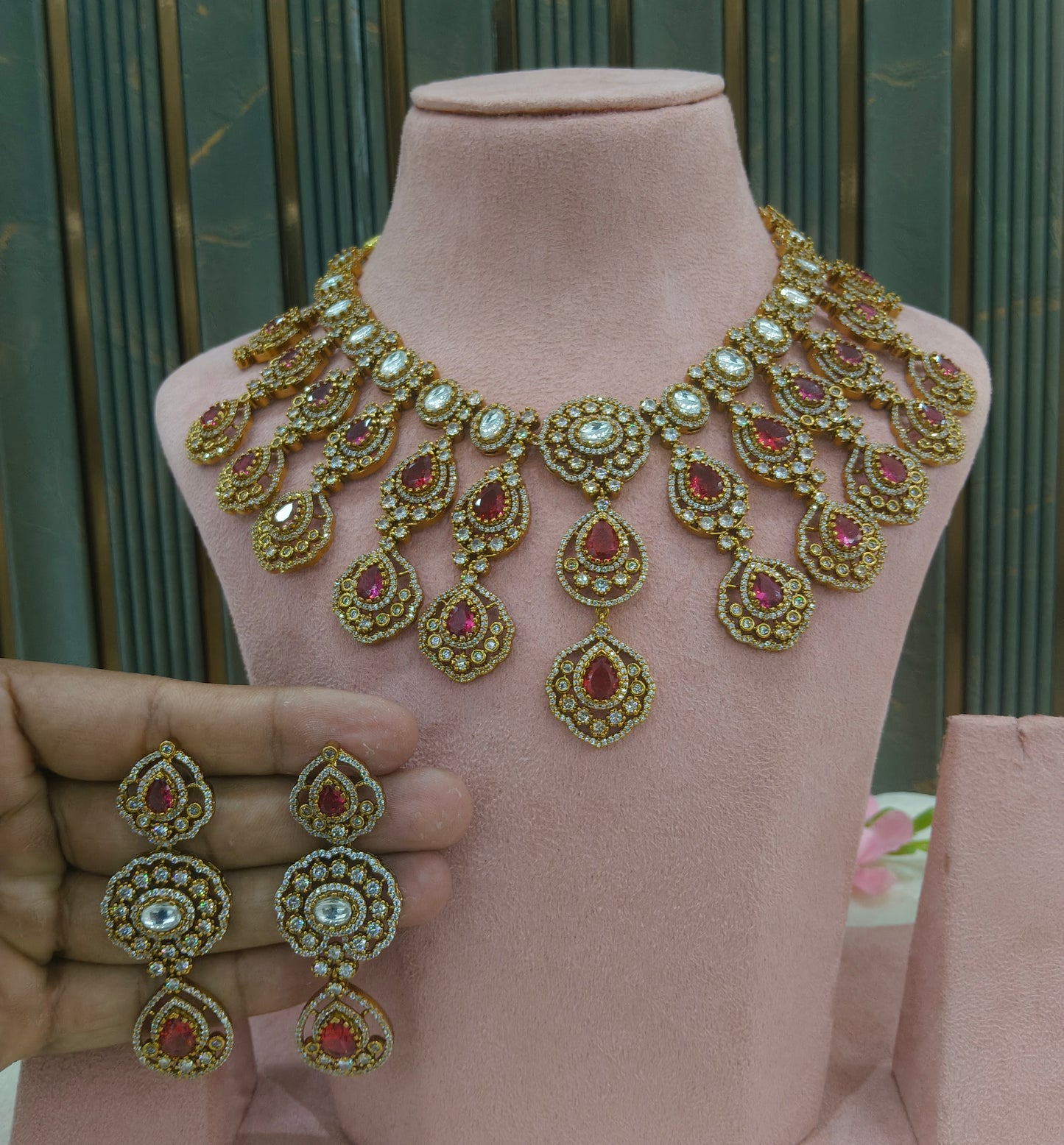 Antique Gold Ruby Moissanite Kundan CZ Necklace Indian Jewellery Pvita  Set