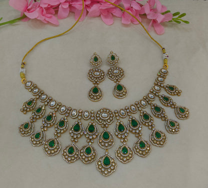 Antique Gold Green Moissanite Kundan CZ Necklace Indian Jewellery Pvita  Set