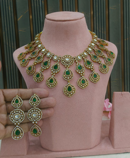Antique Gold Green Moissanite Kundan CZ Necklace Indian Jewellery Pvita  Set