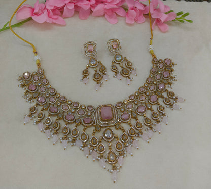 Antique Gold Pink CZ Necklace Indian Jewellery Pvita  Set