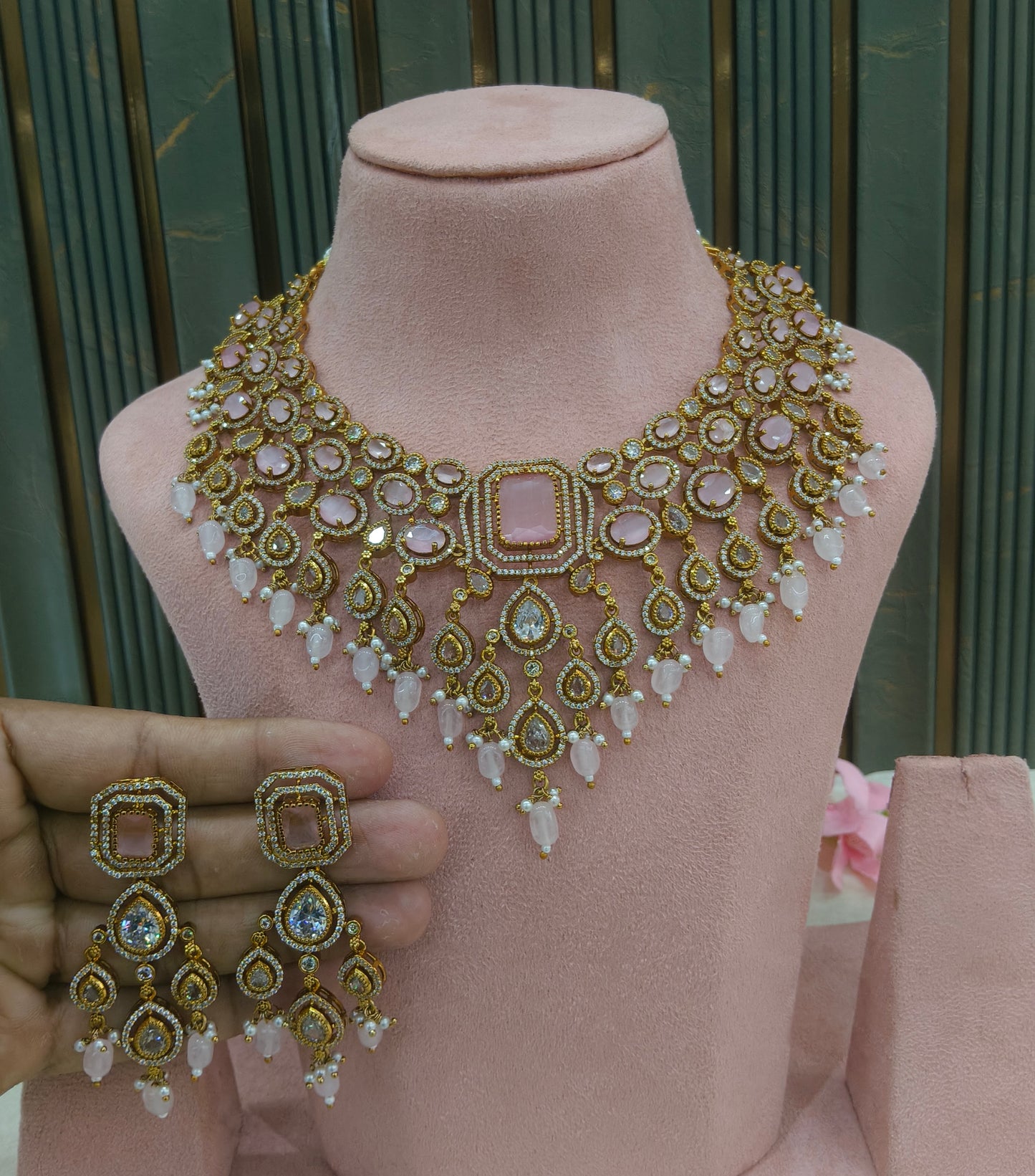 Antique Gold Pink CZ Necklace Indian Jewellery Pvita  Set