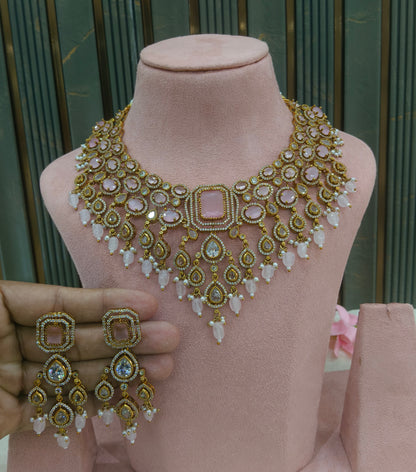 Antique Gold Pink CZ Necklace Indian Jewellery Pvita  Set