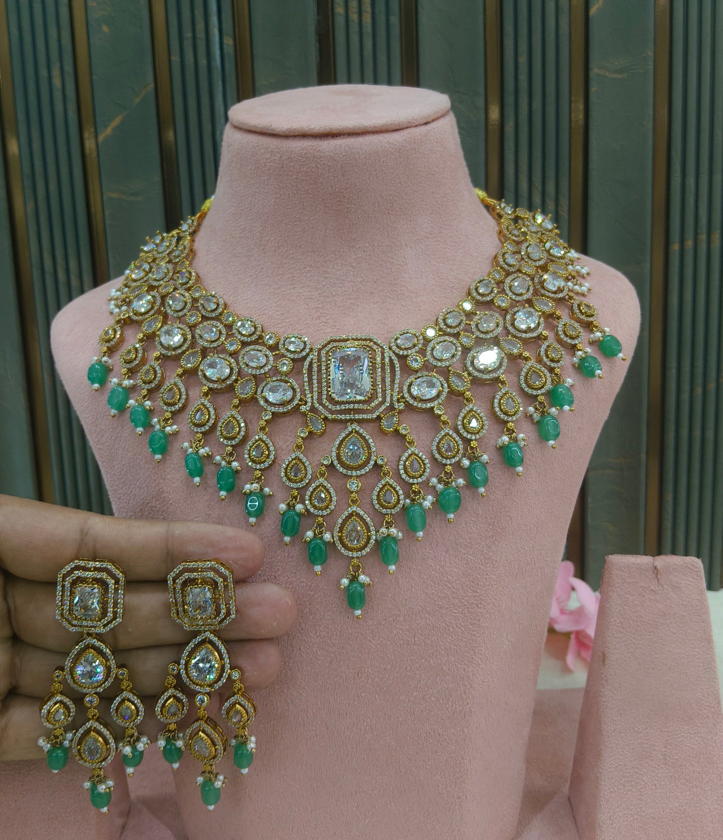 Antique Gold Mint With White stone CZ Necklace Indian Jewellery Pvita  Set