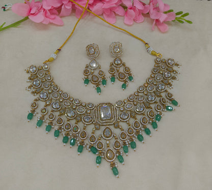 Antique Gold Mint With White stone CZ Necklace Indian Jewellery Pvita  Set