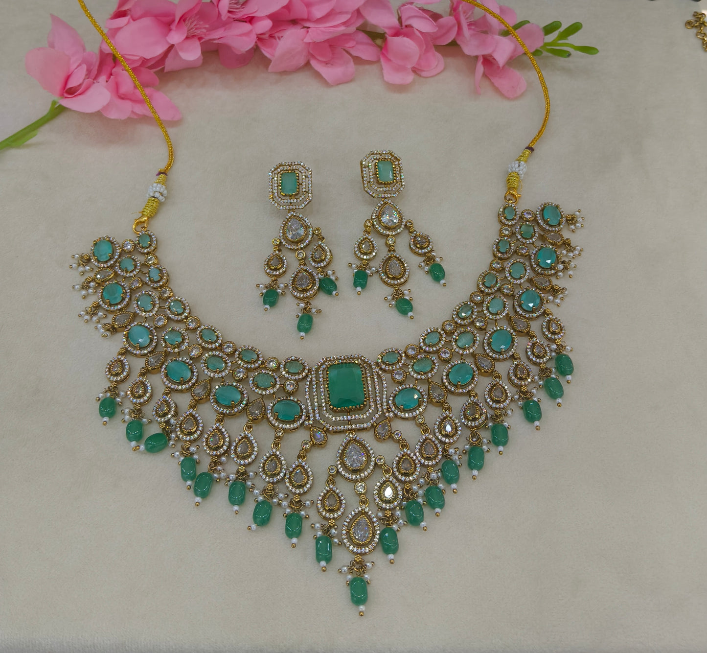 Antique Gold Mint CZ Necklace Indian Jewellery Pvita  Set