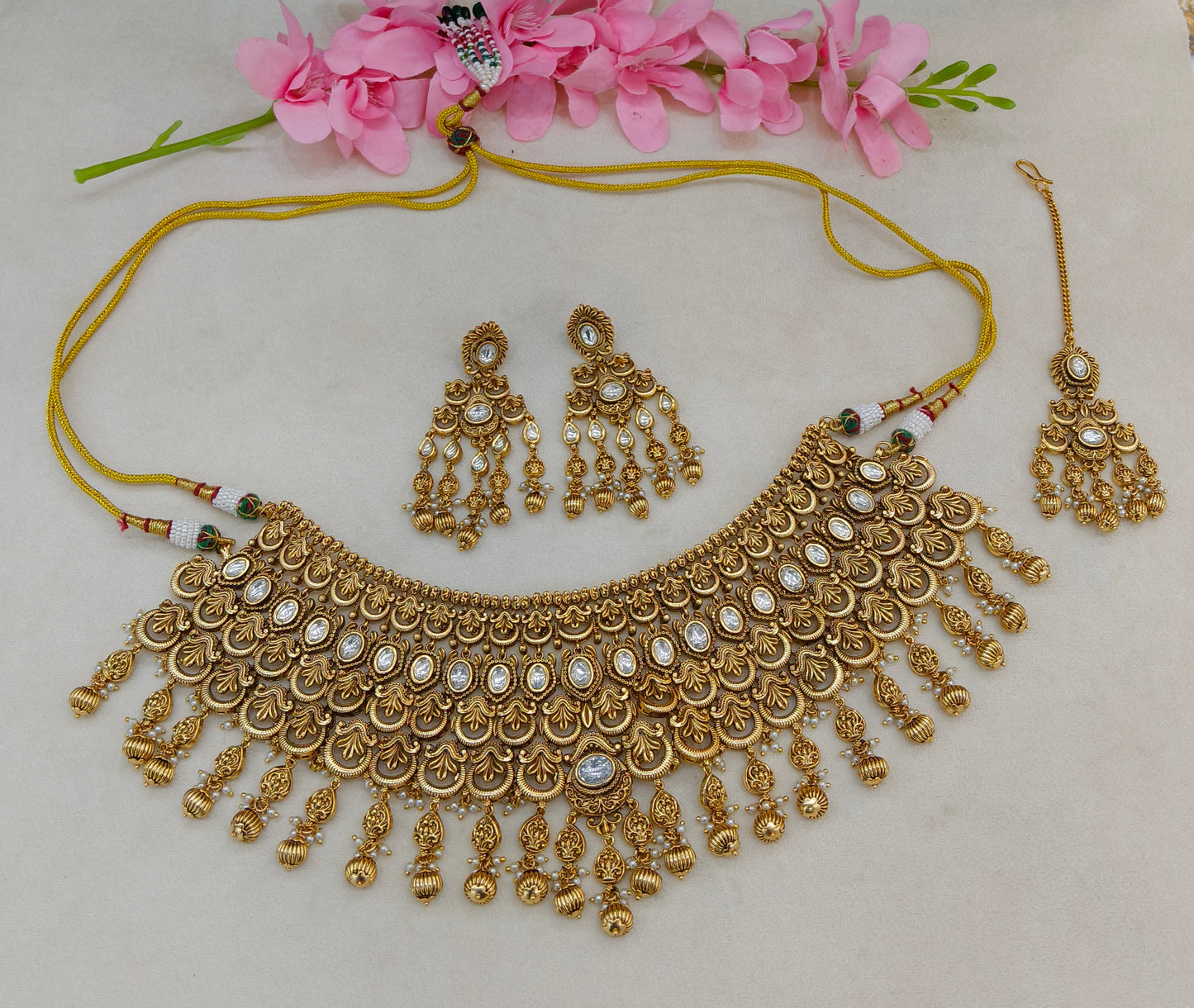 Gold Polki Kundan Indian Bridal Necklace Kang Set