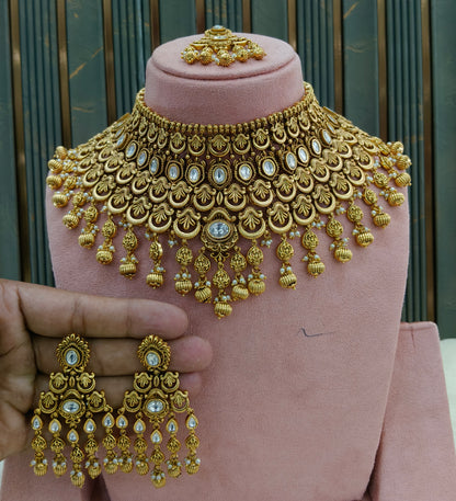 Gold Polki Kundan Indian Bridal Necklace Kang Set