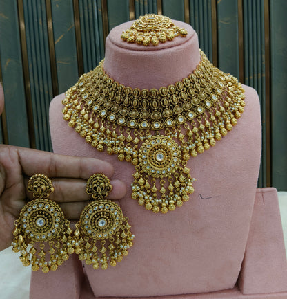 Gold Polki Kundan Indian Bridal Necklace Kang Set