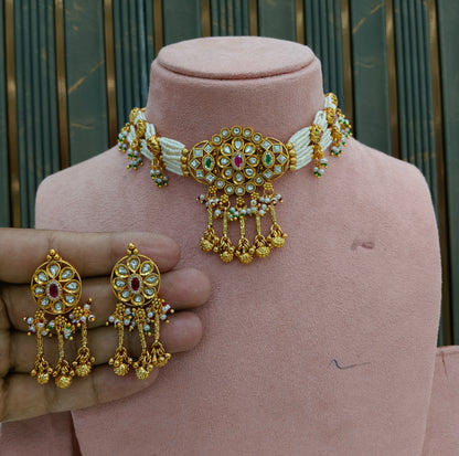 Gold Polki Ruby Green Kundan choker set/ Gold choker Noora set