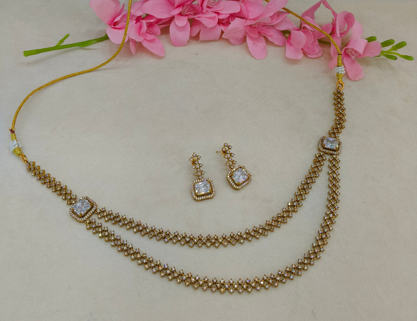 Antique Gold CZ Necklace Indian Jewellery Minori Set