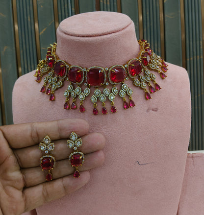 Antique Ruby CZ Stone Choker Indian Jewellery Orika Set