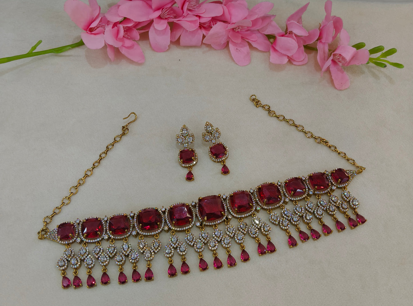 Antique Ruby CZ Stone Choker Indian Jewellery Orika Set