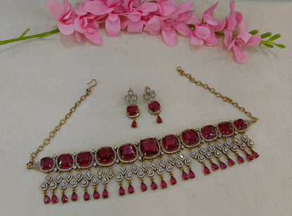 Antique Ruby CZ Stone Choker Indian Jewellery Orika Set