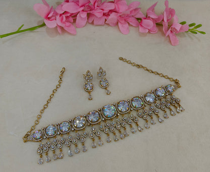 Antique White CZ Stone Choker Indian Jewellery Orika Set
