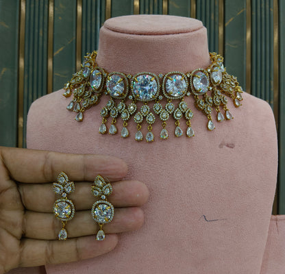 Antique White CZ Stone Choker Indian Jewellery Orika Set