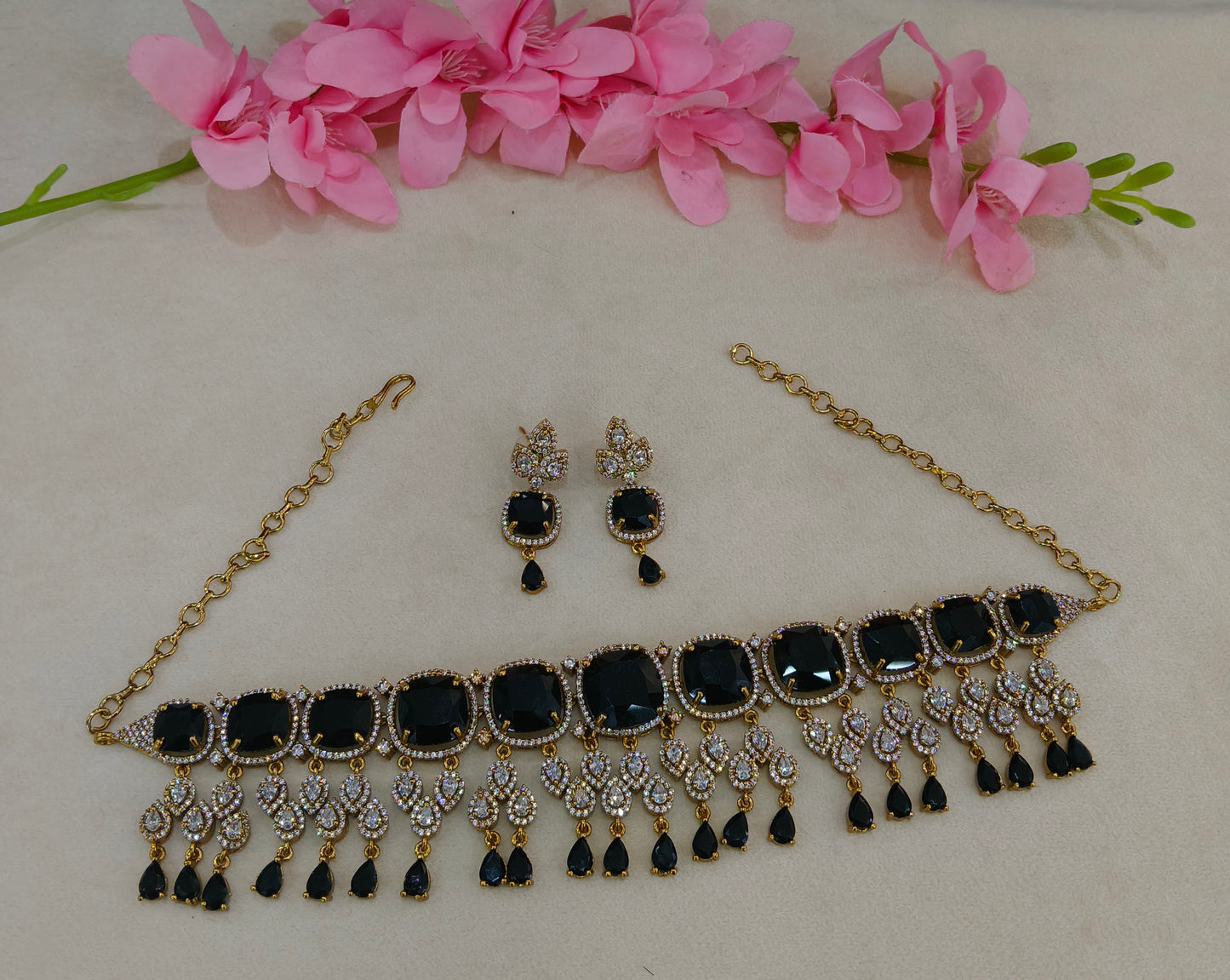 Antique Black CZ Stone Choker Indian Jewellery Orika Set