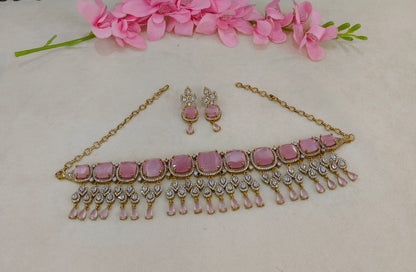 Antique Pink CZ Stone Choker Indian Jewellery Orika Set