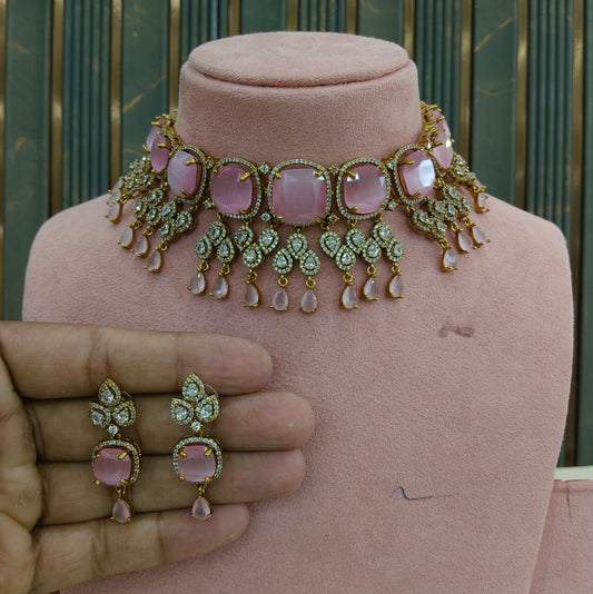 Antique Pink CZ Stone Choker Indian Jewellery Orika Set