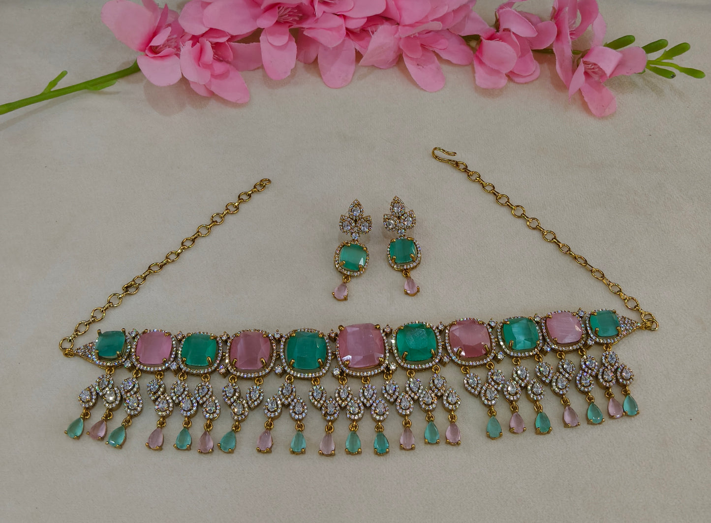 Antique Mint Pink CZ Stone Choker Indian Jewellery Orika Set
