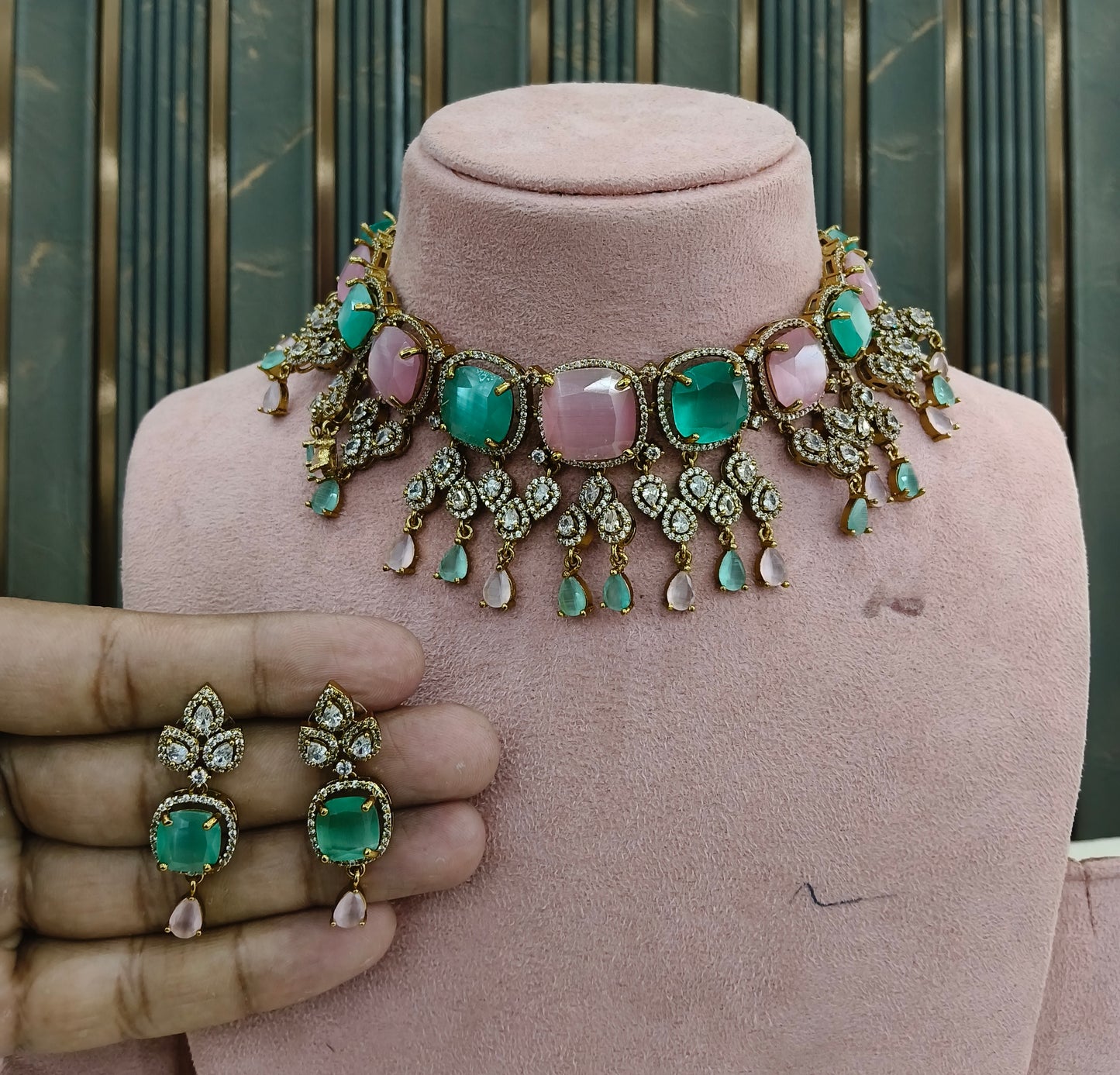 Antique Mint Pink CZ Stone Choker Indian Jewellery Orika Set