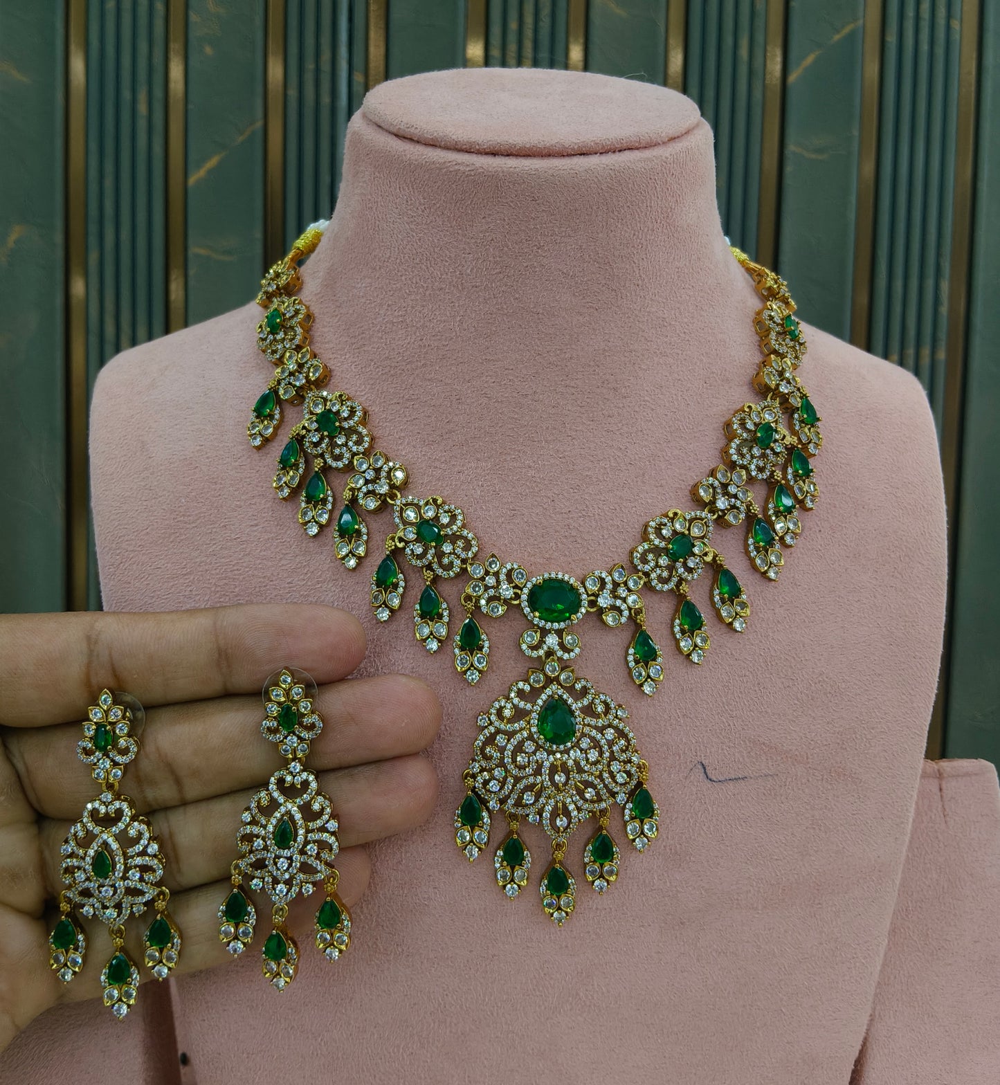 Antique Gold Green CZ Necklace Indian Jewellery Tyra Set