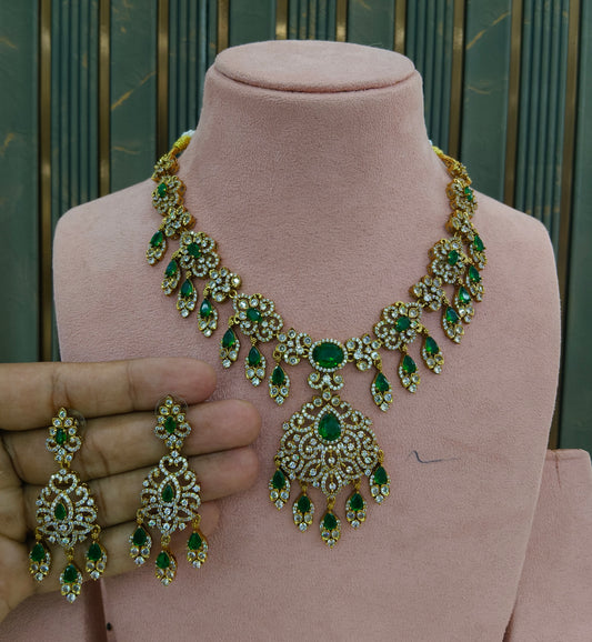 Antique Gold Green CZ Necklace Indian Jewellery Tyra Set