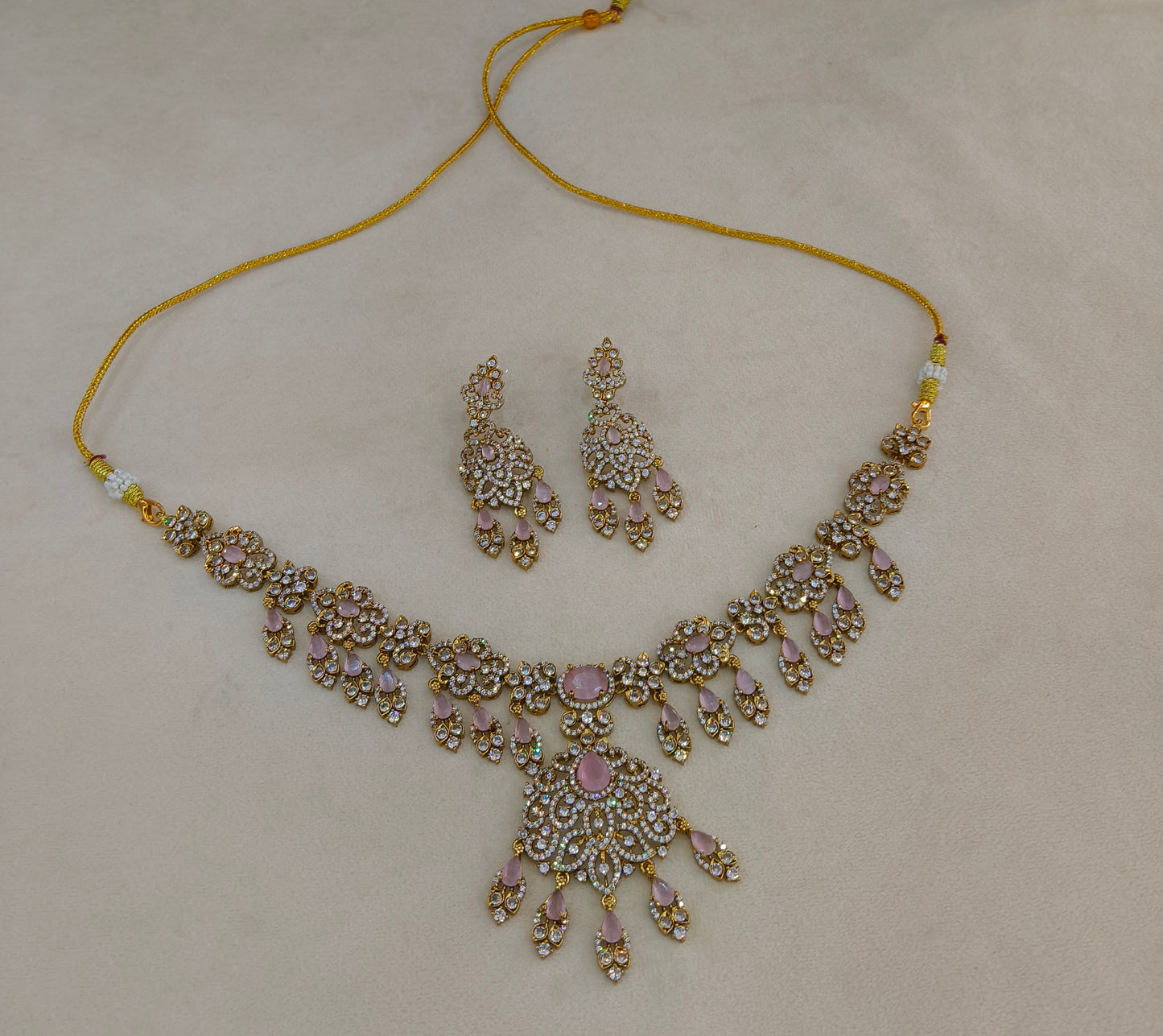 Antique Gold Pink CZ Necklace Indian Jewellery Tyra Set