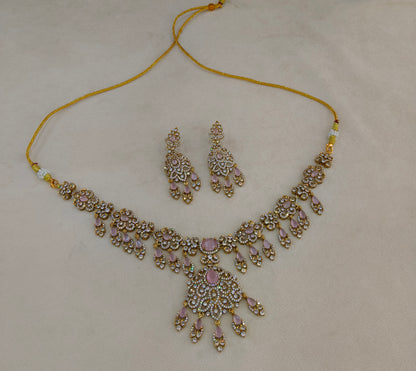 Antique Gold Pink CZ Necklace Indian Jewellery Tyra Set