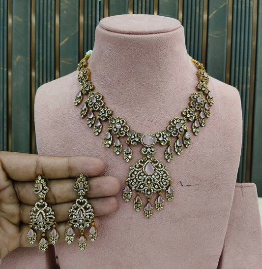 Antique Gold Pink CZ Necklace Indian Jewellery Tyra Set