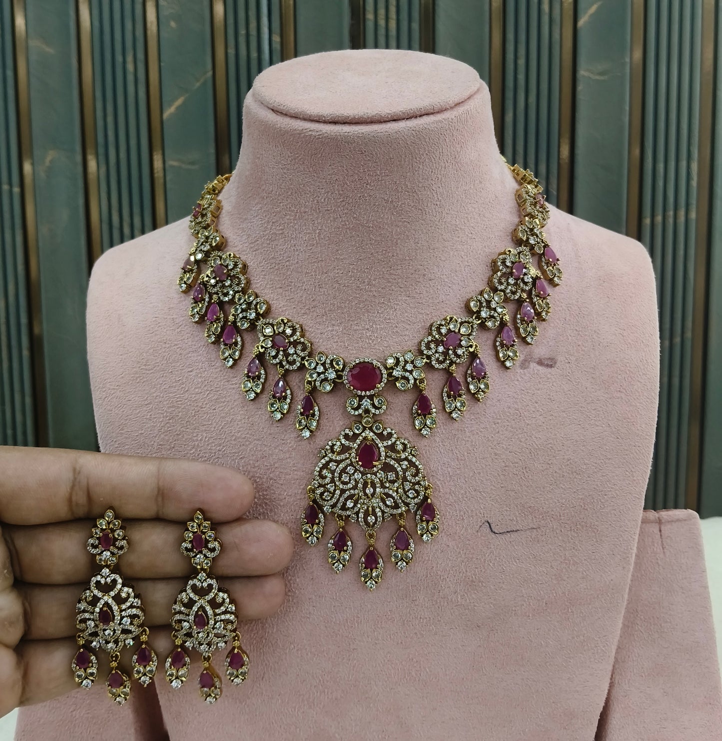 Antique Gold Majenta CZ Necklace Indian Jewellery Tyra Set